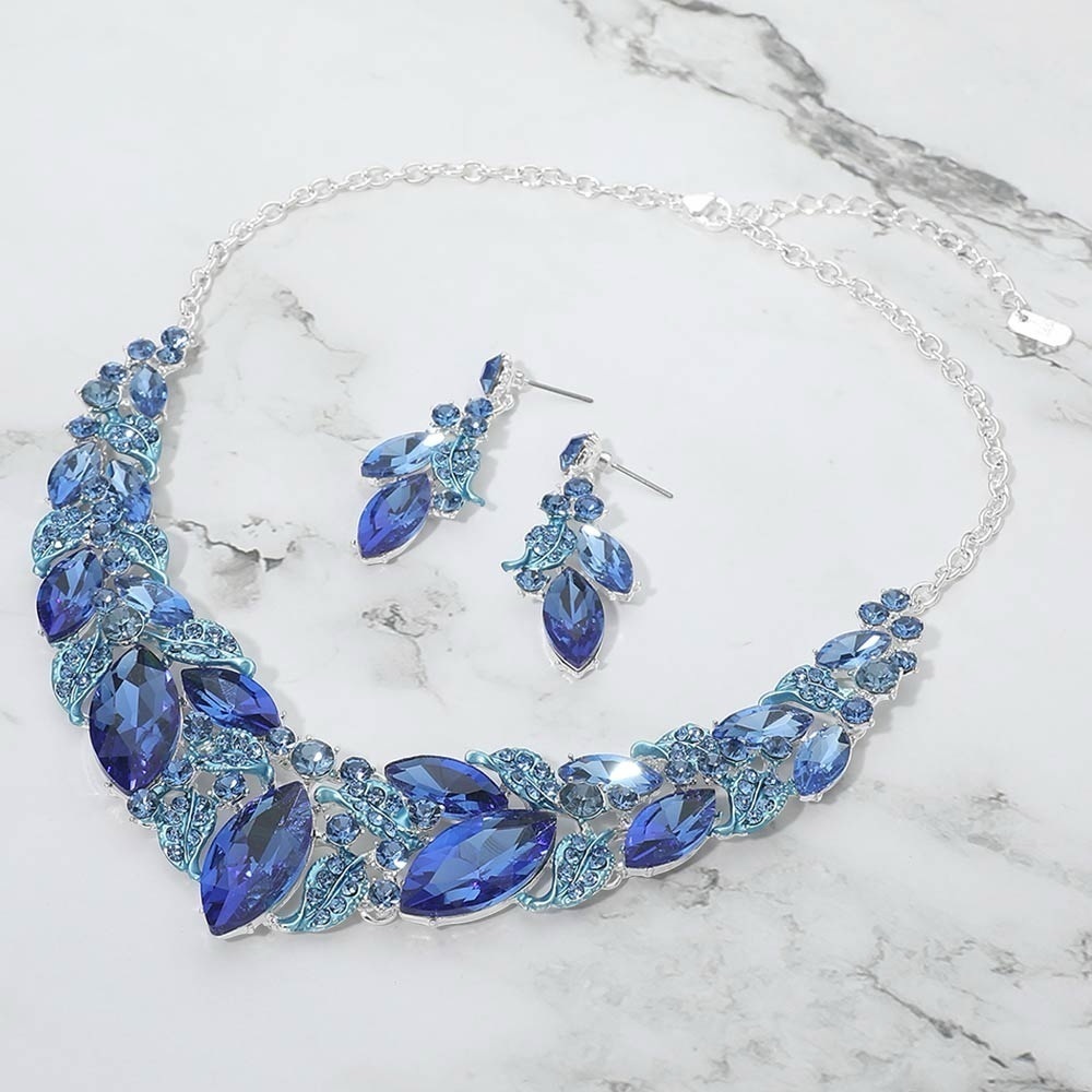 Elegant Sapphire Stone Embellished Crystal Necklace and Earring Set
